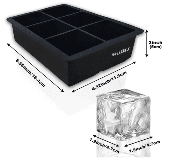 A large ice cube tray with six cubes.